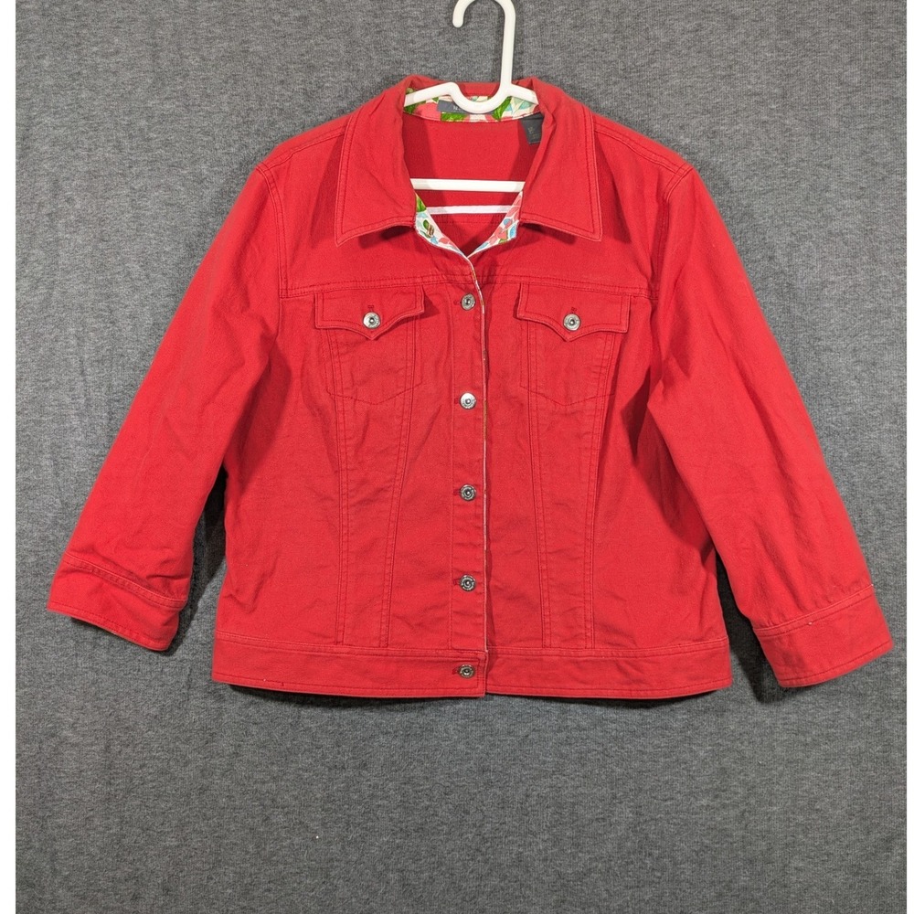 Liz Claiborne‎ Button Up 3/4 Sleeve Red Floral Denim Style Jacket Size XL